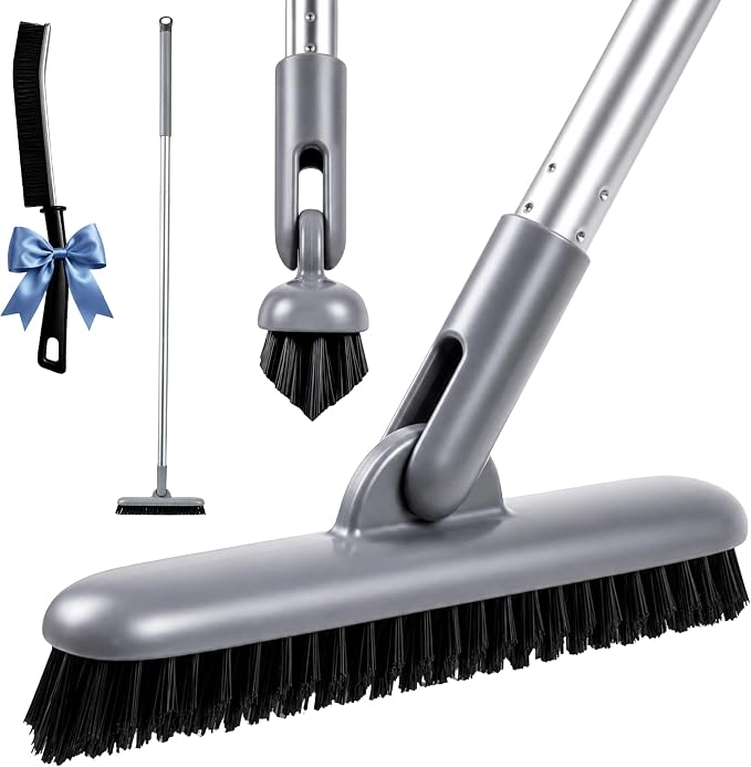 DSV Standard Grout Scrub Brush with Long Handle, 50'' Tile Grout Scrubber, V-Shape Crevice Cleaning Brush for Hard to Reach Areas, 180° Rotation Grout Cleaner for Tile Floors, Baseboards and Corners