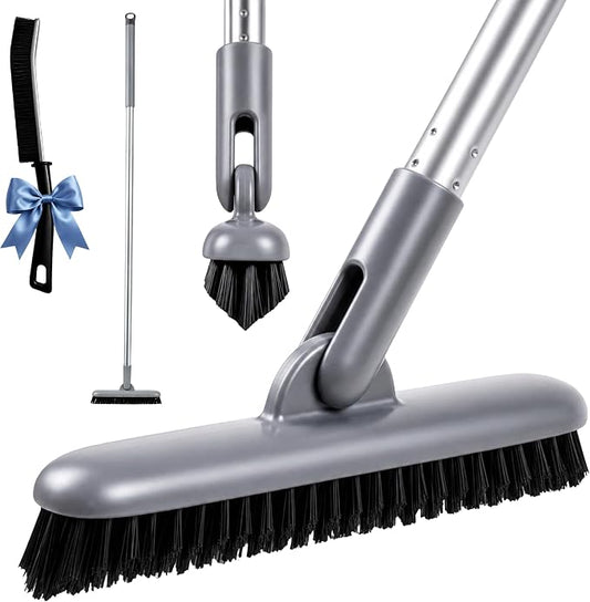 DSV Standard Grout Scrub Brush with Long Handle, 50'' Tile Grout Scrubber, V-Shape Crevice Cleaning Brush for Hard to Reach Areas, 180° Rotation Grout Cleaner for Tile Floors, Baseboards and Corners