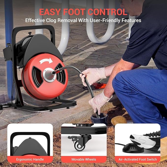 Garvee 50FTx1/2 Inch Drain Cleaner Machine with Wheels, Sewer Snake Drain for 2" to 4" Pipes, Plumbing Snake Auger Cleaner with 6 Cutter & Foot Switch for Sewer, Sink, Toilet, Bathroom