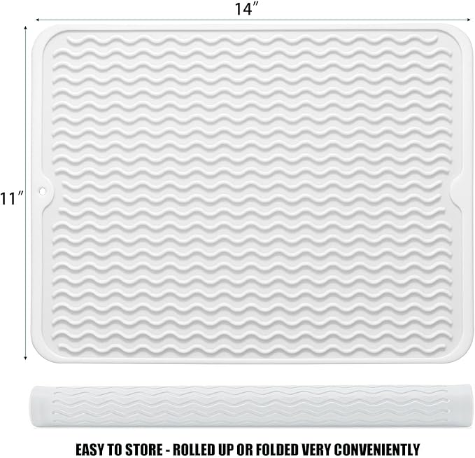 Large 14" x 11" Silicone Dish Drying Mat for Kitchen Counter, Easy clean, Quick Dry, Heat-resistant Dish Drainer Mat for Sink,Refrigerator or Drawer liner (Food Grade Silicone-White)