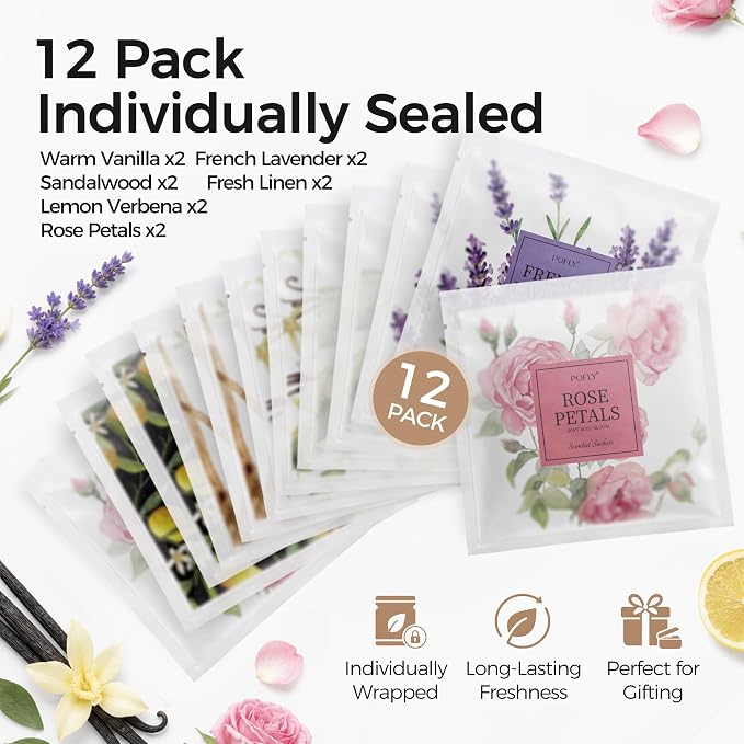 12 Pack 6 Assorted Scented Sachets, Air Freshener for Small Spaces | Hanging Sachet Bags with Retractable Hook; Closet Deodorizer & Odor Eliminator for Drawers, Shoe Cabinets, Cars & Luggage
