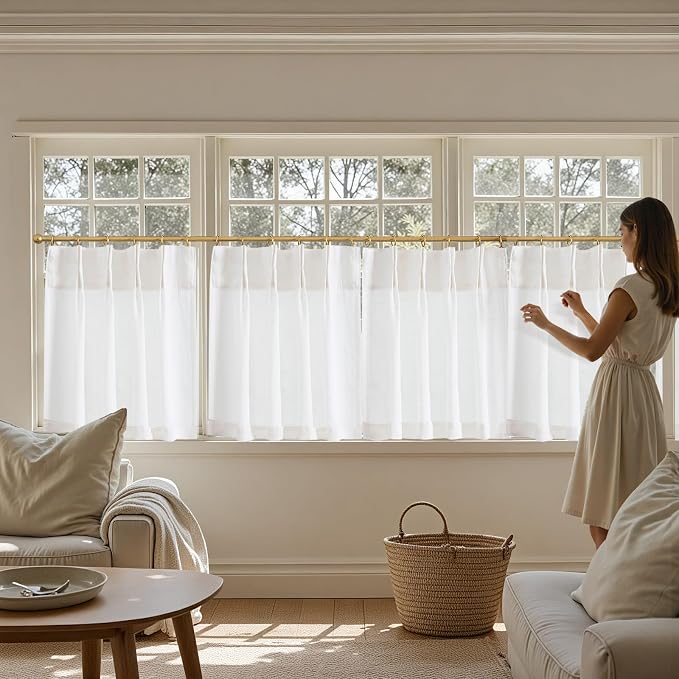jinchan Linen Pinch Pleated Back Tab Tier Curtains, 26x30, 2 Panels, White | Light filtering,small window treatment,cafe curtains,machine washable,farmhouse,kitchen,bathrooms,laundry