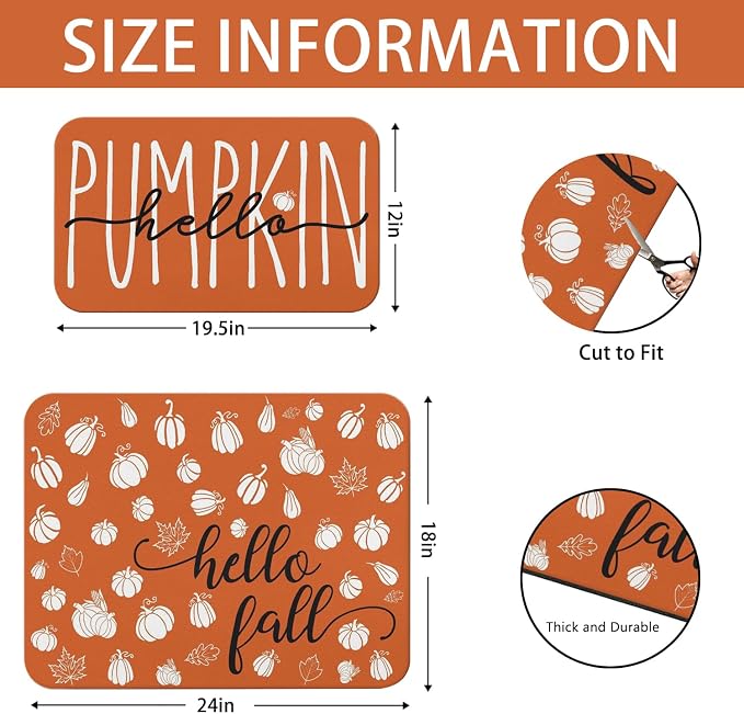 Fall Dish Drying Mat 2-Pack Orange Pumpkin for Kitchen Counter Dishes Mat | Diatom Mud Mats (18x24, 19.5x12"). Non-slip rubber back for kitchen counter, coffee bar & sink scenes