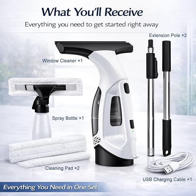 Window Vacuum Squeegee Cordless Electric 2000Pa(White) | Electric squeegee 11-inch blade and 150mL tank for windows, shower doors, mirrors and smooth glass