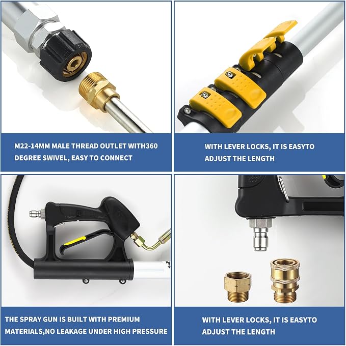 24 FT Telescoping Pressure Washer Wand with Pressure Washer Extension Wand, Brush Head, Gutter Cleaner, 5 Spray Nozzle Tips, 2 Hose Adapters and Support Belt