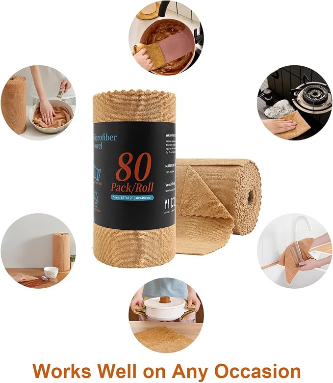 80 Pack Microfiber Cleaning Cloth Roll,Lint Free Rags & Tear Away Reusable Towels Washable Scratch,Ultra Absorbent Dish Rags(12" x 12") for Car Kitchen Home Garage-Dark Coffee