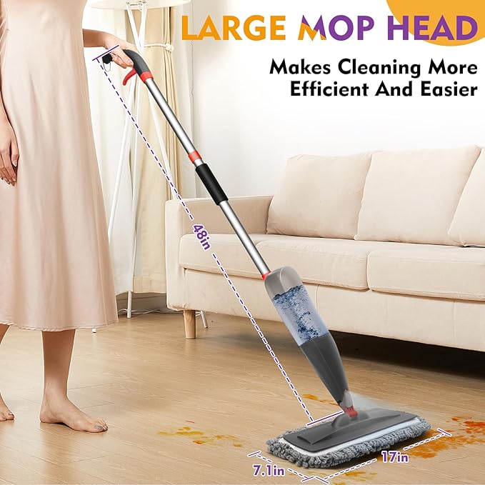Spray Mop for Hardwood Tile Floor Cleaning with Microfiber Washable Pads | Dry Wet Mops with Sprayer | 800 ml Refillable Bottle | 3 Reusable Mop Pads | Dust Mops for Wood Laminate Vinyl Home Cleaning