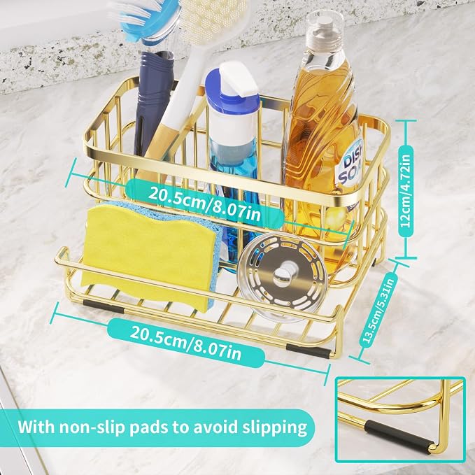 HapiRm Multifunctional Kitchen Sink Organizer with Removable Drain Tray, Quick Draining Rustproof Sink Caddy, Stainless Steel Kitchen Sponge Holder for Holds Sponge, Cleaning Towel and Scrubber - Gold