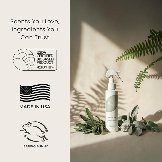 Grow Fragrance Certified Non Toxic, 100% Plant Based Fabric and Room Air Freshener Spray. Made with All Natural Essential Oils (Woodland Sage & Pacific Driftwood 2 pack) 2 x 5oz