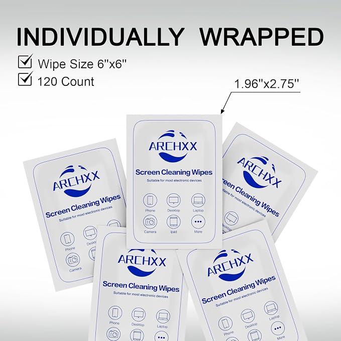 ARCHXX Screen Wipes for Electronics, 120 Count 6"x6" Pre-Moistened Screen Cleaner for Screens, Computer,Laptop,Tablet,Phone,Monitor,Car Screen Cleaner, Lens Wipes Individually Wrapped
