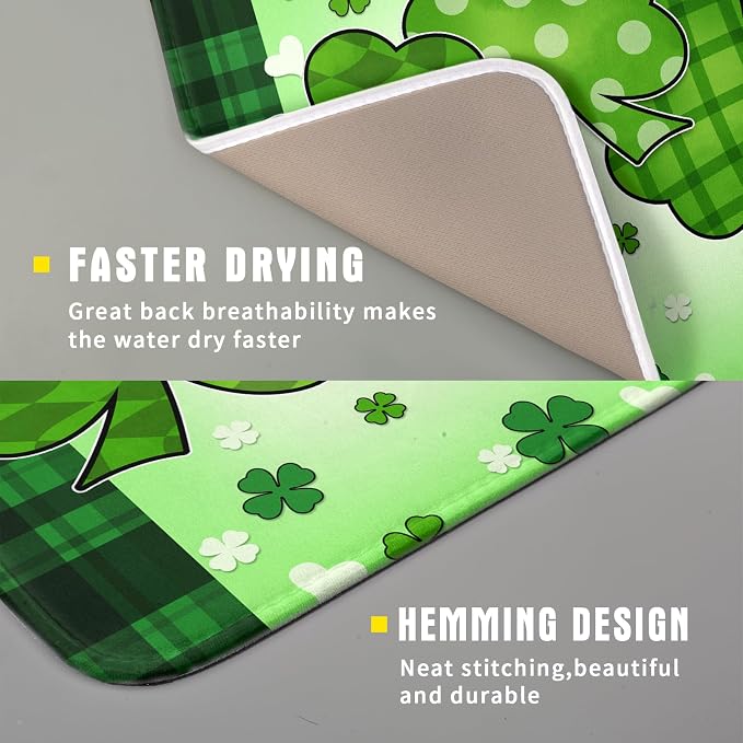 St Patrick's Day Shamrocks Dish Drying Mat 16x18 Inch - Lucky Clovers Kitchen Spring Irish Green Buffalo Check Plaid Pad - Absorbent Microfiber for Coffee Bar