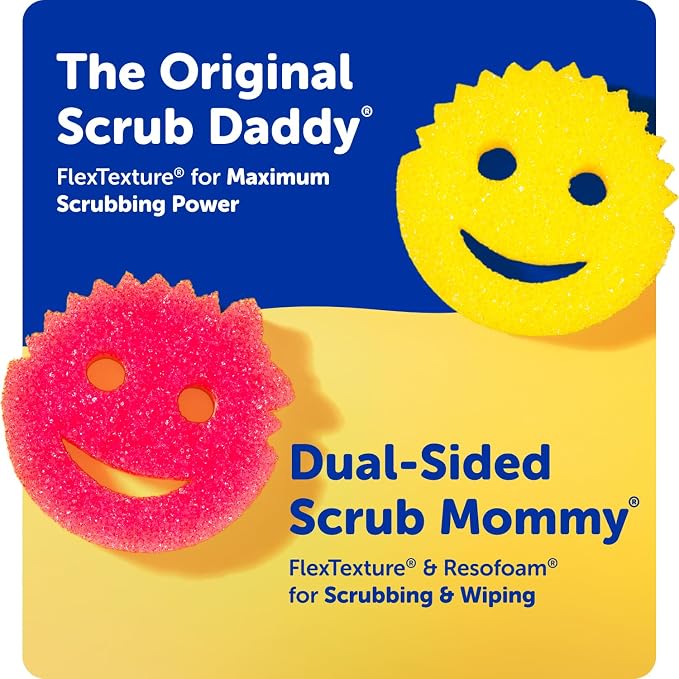 Scrub Mommy Kitchen Sponges (6) + Daddy Caddy Sponge Holder - Scratch-Free Cleaning Sponges for Dishes & Dish Scrub for Multipurpose Cleaning - BPA Free Polymer Foam - Stain & Odor Resistant (7 Count)