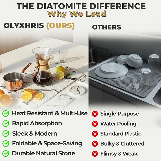 Stone Dish Drying Mat for Kitchen Countertop 24x16 Large Diatomaceous Earth Quick-Dry Absorbent Foldable Non-Slip Organizer for Dishes Glasses Utensils with Coaster Pads Gold Veined Marble