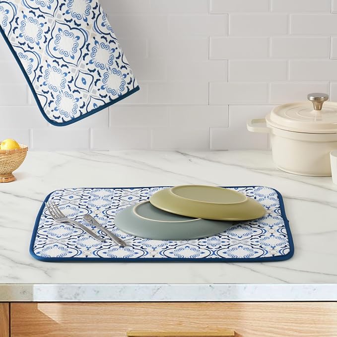 FRESHMINT Printed Dish Drying Mats for Kitchen Counter 2 Pack Absorbent Reversible Drying Mats Microfiber Kitchen Countertop Protector Dishes Drying Pad Extra Large 18"x16" Dish Mat