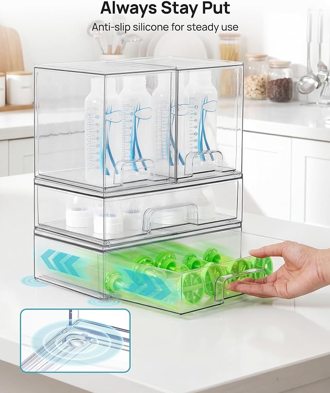 Vtopmart Clear Stackable Storage Drawers Set of 4, Plastic Organizer Bins for Makeup, Cosmetics, Beauty Supplies,Ideal for Vanity, Bathroom,Cabinet,Pantry Organization
