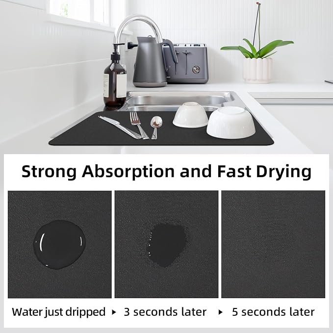 LOPNUR Kitchen Dish Drying Mat, 24"x16" Large Dish Drying Mats for Kitchen Counter, Diatomite Coffee Mat, Super Absorbent Dish Drying Pad, Heat Resistant Mat with Anti-slip Rubber Backed, Black