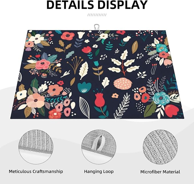 Colorful Flowers Black Dish Drying Mat For Kitchen Counter, Super Absorbent Microfiber Dish Drying Pad, Kitchen Gadgets For Easy Clean Multi-Use Large 18"x24"