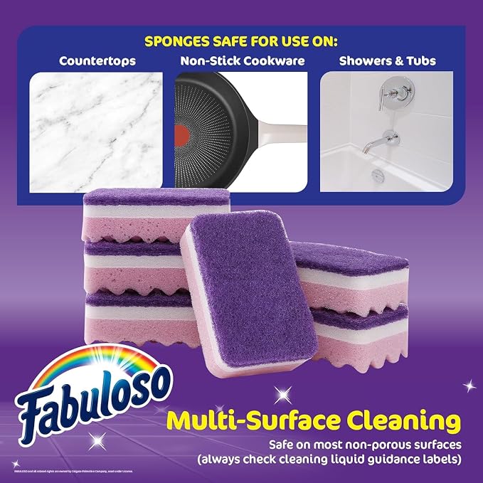 Fabuloso Scratch-Free Kitchen Dish Sponges Purple Cellulose Scrubber Sponge Scouring Pad Dishes Pots Pans Counters and Sinks Tough on Messes 4.25 x 2.75 x 1.25 in 6 Count 2 Pack Kitchen Cleaning