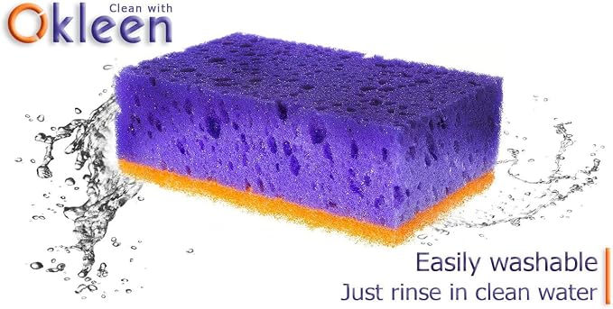 Purple and Orange Multi Use Scrub Sponges. Made in Europe. 9 Pack, 4.3x2.8x1.4 inches. Heavy Duty & Non Scratch Fiber. Odorless Durable Delicate, Easy Washable Violet Scrubber