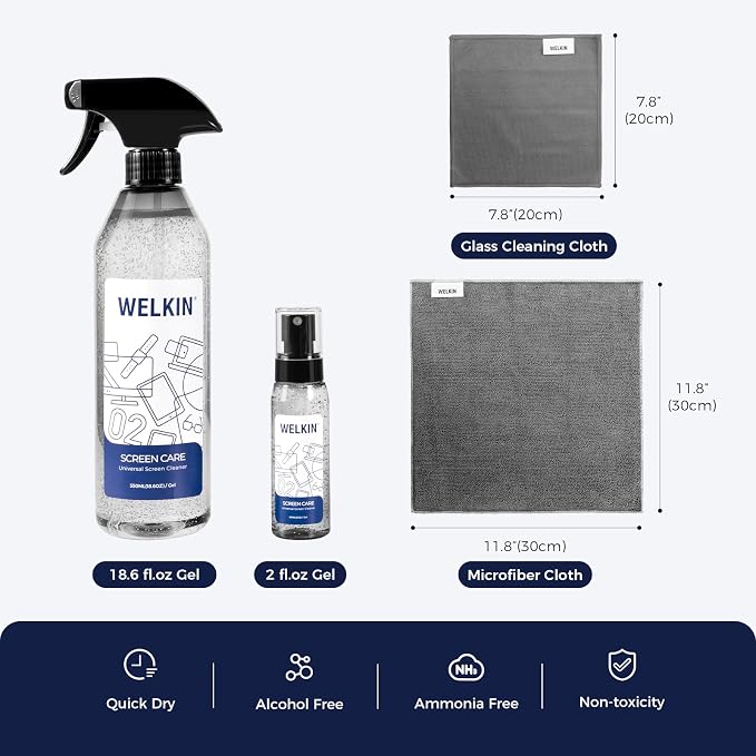 WELKIN Screen Cleaner Gel Kit, 18.6 oz + 2 oz for TV, Laptop & Phone | Gentle Gel Formula, Applies Precisely Without Dripping, Easy Screen Cleaning, Includes 1 Microfiber Cloth & 1 Glass Wipe
