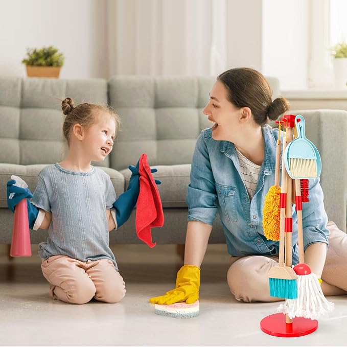 WHOHOLL Wooden Kids Cleaning Toy Set Toddler Broom and Dustpan Set for Housekeeping 9 Pcs Broom and Mop Set for Toddlers 3-6, Cleaning Toys with Sponge, Christmas Birthday Gifts for Boys Girls
