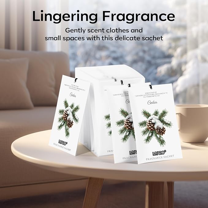 MYARO 12 Pack Cedarwood Scented Sachets for Drawer, Closet & Small Spaces Air Freshener Bags, Odor Eliminator for Car, Shoes, Gym Bag Home Fragrance Gift Set