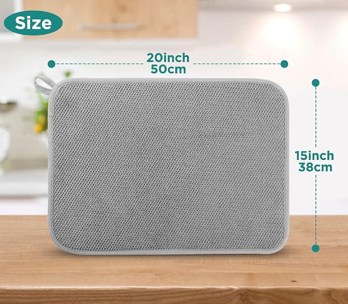 GeeRic Microfiber Dish Drying Mat, Super Absorbent Kitchen Dish Drying Pad, Reversible for Countertop, 15*20 inch Gray