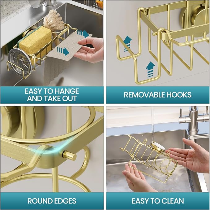 TAILI 4-in-1 Sponge Holder for Kitchen Sink with Strong Suction Cup Removable, Rustproof Stainless Steel Sink Caddy for Sponge, Brush, Scrubber, Scraper -Gold