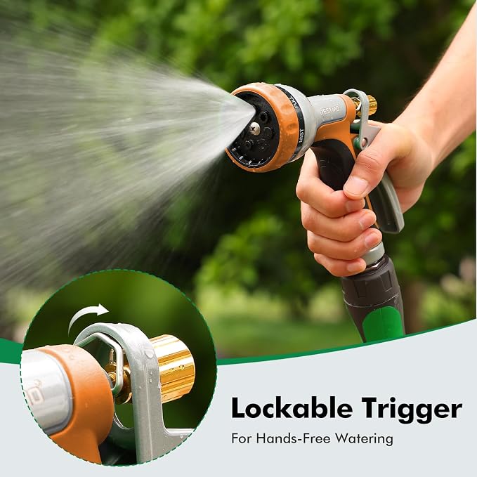 RESTMO Garden Hose Nozzle Heavy Duty, Rear Trigger Water Sprayer, Orange | 7 Adjustable Spray Patterns, Durable Metal, Flow Control, Ideal for Plants & Lawns Watering, Cars & Pets Washing