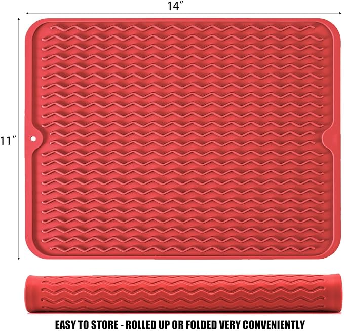 Large 14" x 11" Silicone Dish Drying Mat for Kitchen Counter, Easy clean, Quick Dry, Heat-resistant Dish Drainer Mat for Sink,Refrigerator or Drawer liner (Food Grade Silicone-Red)