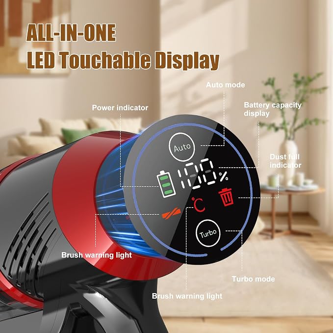 Stick Cordless Vacuum Cleaners for Home 3 Suction Modes HEPA VA007 | Anti-Tangle Brush, 200W Powerful Suction, LED Light, LED Light, Touch Screen, Stick Vacuum for Home Pet Hair Floors