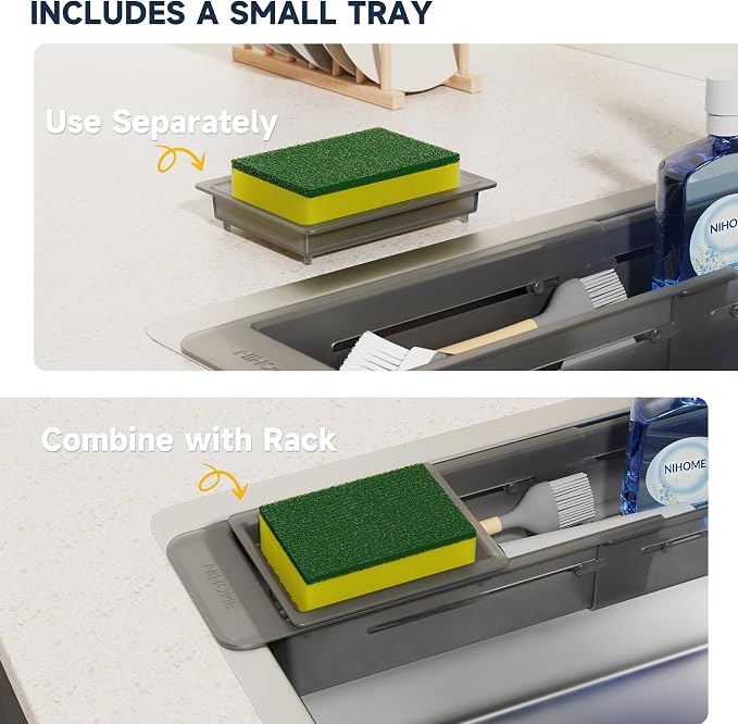 NiHome Extendable Sink Caddy, Small Telescopic Kitchen Brush Holder | Adjustable Sink Organizer for Brushes/Sponge with Fast Drainage, Durable ABS, Non-Slip Pads, Expandable (Translucent Gray)