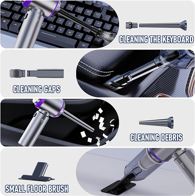 Houscly Car Vacuum Cordless Mini Handhled 4-in-1 High Power Cleaner 20000Pa | Brushless motor-6000mAh-Rechargeable-Duster blower-Pet hair crumb cleaning for car sofa office desk- Ideal gifts for men