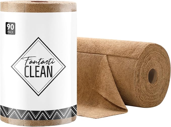 Fantasticlean Microfiber Cleaning Cloth Roll- 90 Sheets, 12" x 12" (Tan) | Super Absorbent, Lint-free, Tear-away Microfiber Towel Roll, for All-Purpose Cleaning