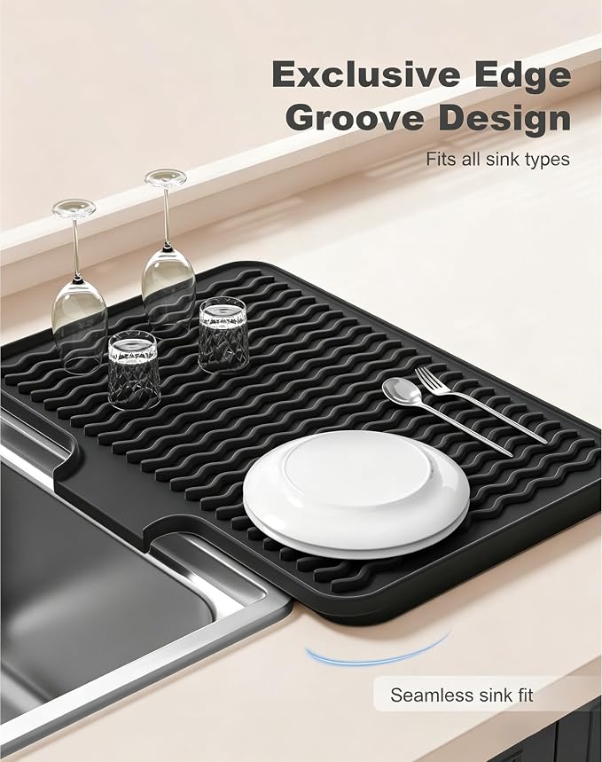 Rnivvi Silicone Dish Drying Mat for Kitchen Counter, 16 x 12" Drainer Pad with Drainage Spout, Heat Resistant Trivet Non-Slip Dish Rack Mats for Countertop Protection, Kitchen Bar Decor Pad, Black