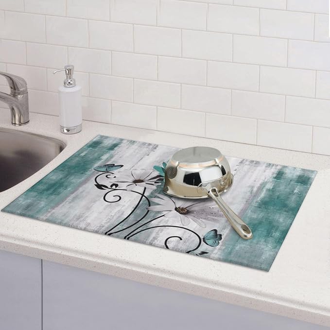 Floral Dish Drying Mat 18x24 Inches For Kitchen Counter Summer Spring Teal Blue Daisy Flower Kitchen Decoration Drying Mat Modern Decorative Drying Pad For Home Kitchen Decor,Dining Room,Office