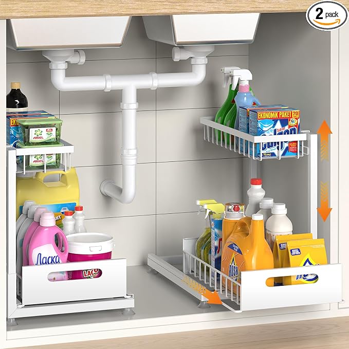 Saydear 2-Pack L-Shaped Under Sink Organizer, 2-Tier Pull-out Cabinet Rack | White Height-Adjustable Steel Rack, Sliding Grid Drawers with PP Liners, Holds 100 Lbs, Suction Base, Ideal Kitchen Storage
