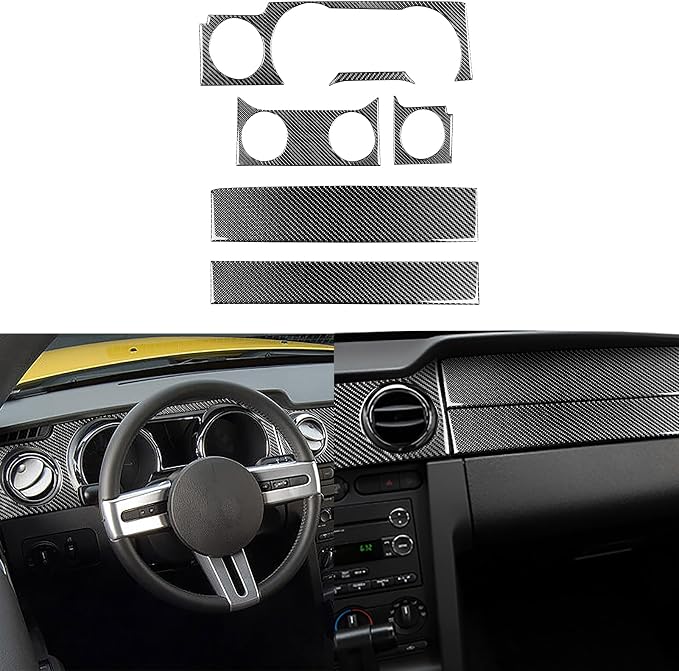 Real Carbon Fiber Trim for Ford Mustang GT Shelby Accessories | for 2005 2006 2007 2008 2009，Instrument Central Console Dashboard Panel Kit，Thick Overlay Sticker Decal，7PCs