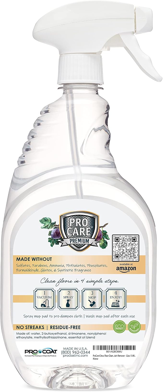 ProCare White Tea & Fig Floor Cleaner (Made in USA) | Vinyl, Wood,Tile, Stone & Laminate Floor Cleaner For Mopping, Household Supplies,Cleaning Solution For Kitchen & Bathroom-32oz/0.95L Spray Bottle