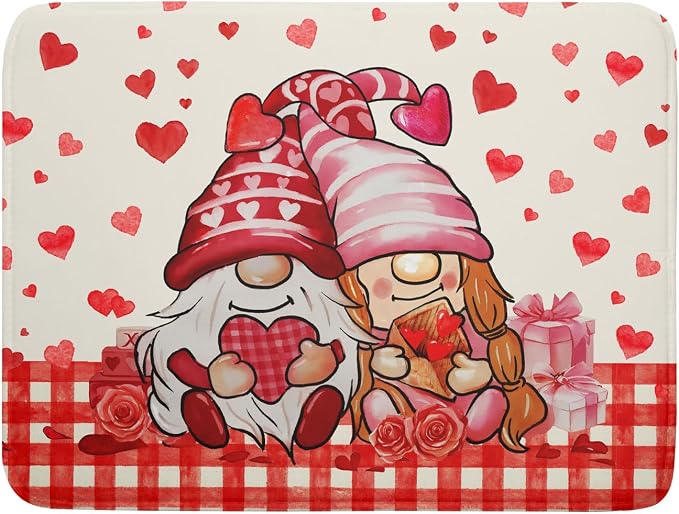 Love Gnome Dish Drying Mat 18"x24" Red Heart Microfiber Dish Drainer Rack Mat Holiday Absorbent Dishes Pad for Kitchen Counter Sink Decor