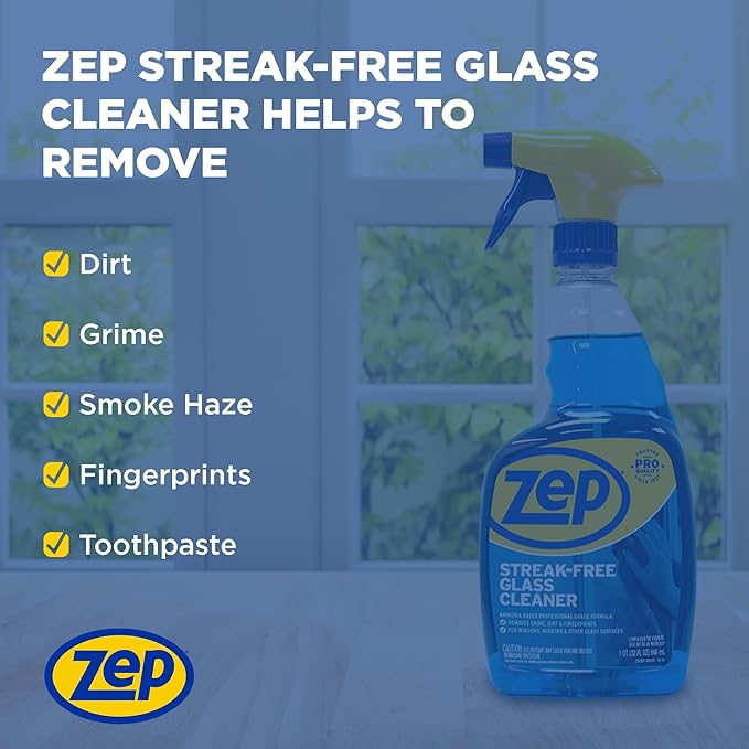 Zep Streak-Free Glass Cleaner - 1 Gallon (Case of 2) ZU11201282- Professional Grade Formula that Cleans Dirt, Fingerprints, Grime, Smoke Haze, and Toothpaste on Windows, Mirrors, and Other Glass
