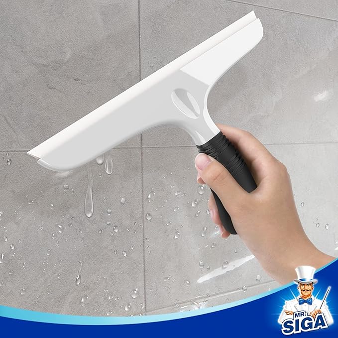 MR.SIGA Silicone Squeegee for Shower Doors, 25 cm/10 inch, White & Black | Shower squeegee for glass doors, streak free squeegee for windows, showers and glass surfaces, includes suction hook