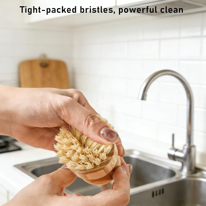 BoAn Bamboo Dish Brush Set with Holder, Natural Kitchen Dish Scrub Brushes with Drain Rack, Dual Bristles for Pots & Dishes, Fast Dry Design with Bonus Magic Cleaning Sponge