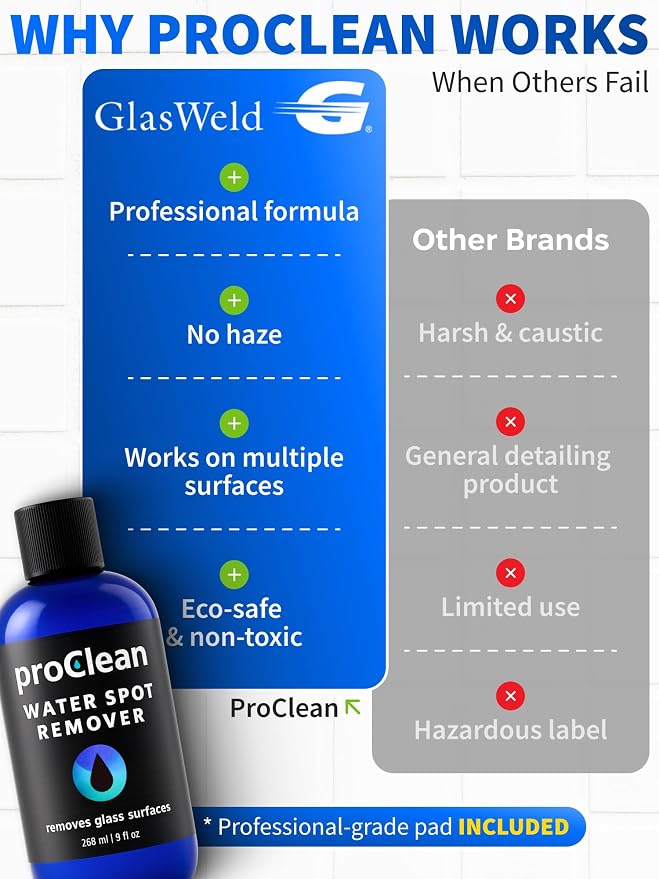 GlasWeld ProClean Hard Water Stain Remover for Glass & Metal – Non-Acid Water Spot Remover with Applicator Pad for Glass, Car Windshield, Shower, Mirror & Boat Windows - Bathroom Cleaning Supplies