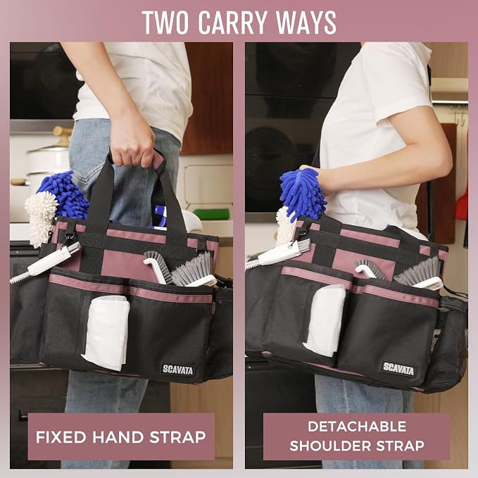 SCAVATA Compact Wearable Cleaning Caddy with Handle & Shoulder Straps | Small Cleaning Supplies Organizer, Under Sink & Car Cleaning Tools Storage Bag for Housekeepers Cleaners, LotusPink