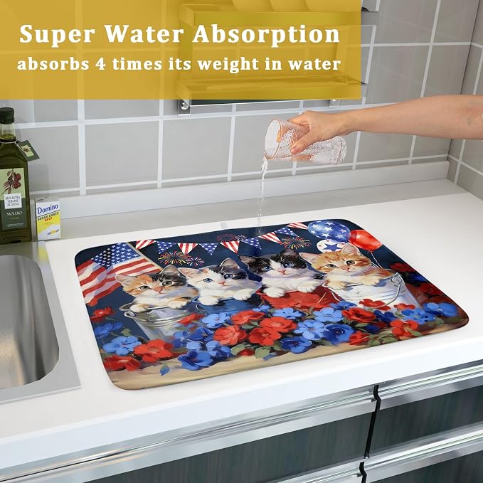 4th of July Drying Mat for Kitchen Counter 18 X 24 in Patriotic Printed Dish Drying Pad