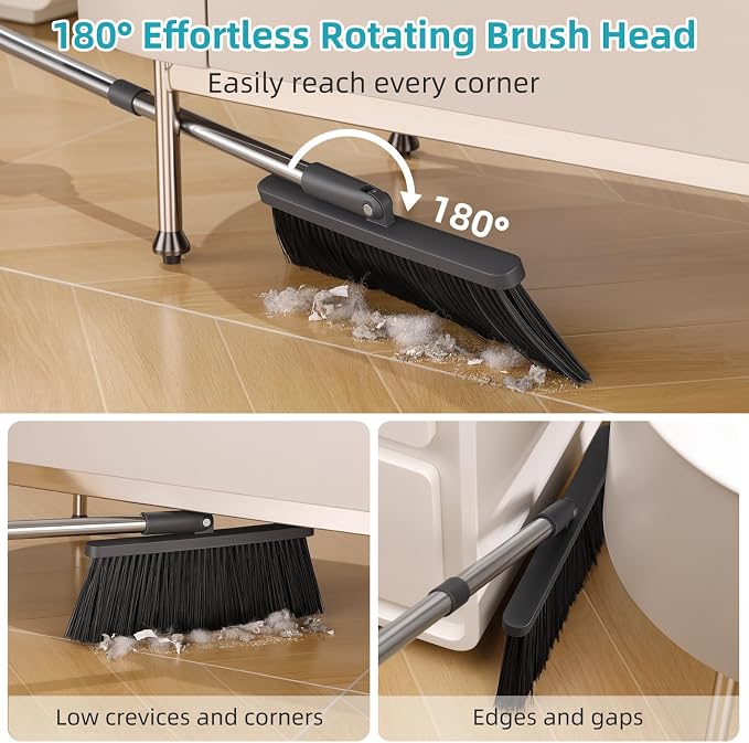MOPALL Broom with Dustpan Combo Set 53" Long Handle, Includes 2 Broom Heads | Self-Cleaning Dustpan Teeth, 180° Swivel Brooms Head, Angled Bristle, Standing Dustpan for Sweeping Indoor Dog Cat Pets Hair