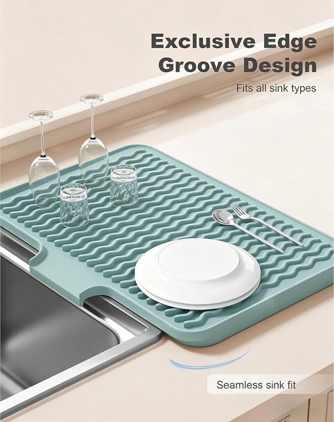 Rnivvi Silicone Dish Drying Mat for Kitchen Counter, 16 x 12" Drainer Pad with Drainage Spout, Non-Slip Countertop Protector Heat Resistant Trivet, Dish Rack Mat for for Sink Dishes, Shadow Green