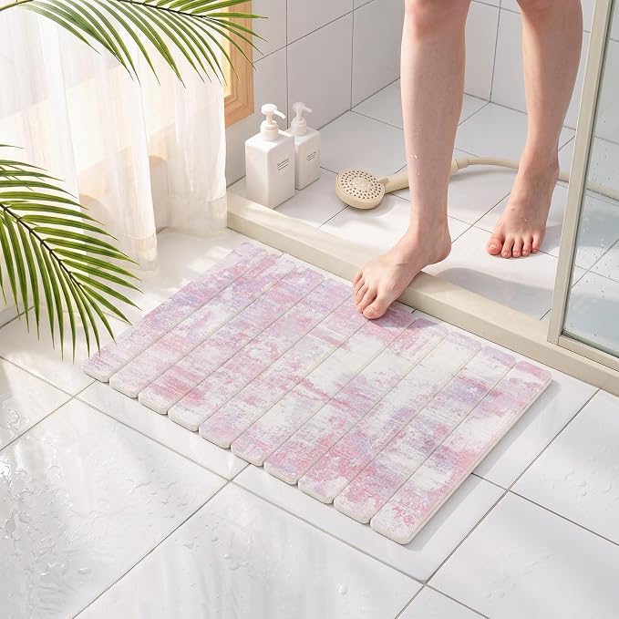 Findosom Large Stone Dish Drying Mat for Kitchen Counter, 23.6" × 15.3" Foldable Non-Slip Stone Drying Mat with Abstract Pattern, Heat Resistant Diatomaceous Earth Mat for Bath, Dishes, Cups, Pink