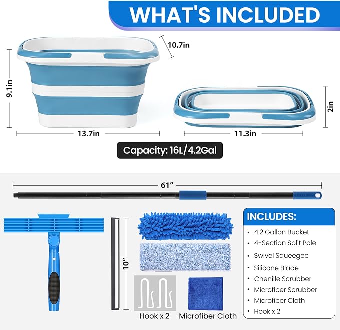 Window Cleaning Kit with Collapsible Bucket 4.2 Gallon, Professional 69" Window Squeegee Cleaner Tool with Extension Pole, Window Washing Equipment Cleaner Tool for Home Outdoor Commercial Use